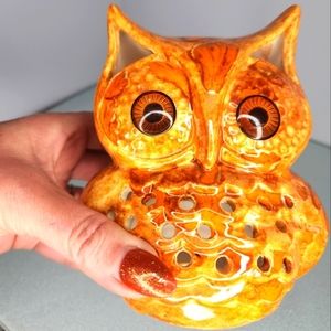 Ceramic‎ owl drip glaze orange luminaria retro orange tealight candle holder
